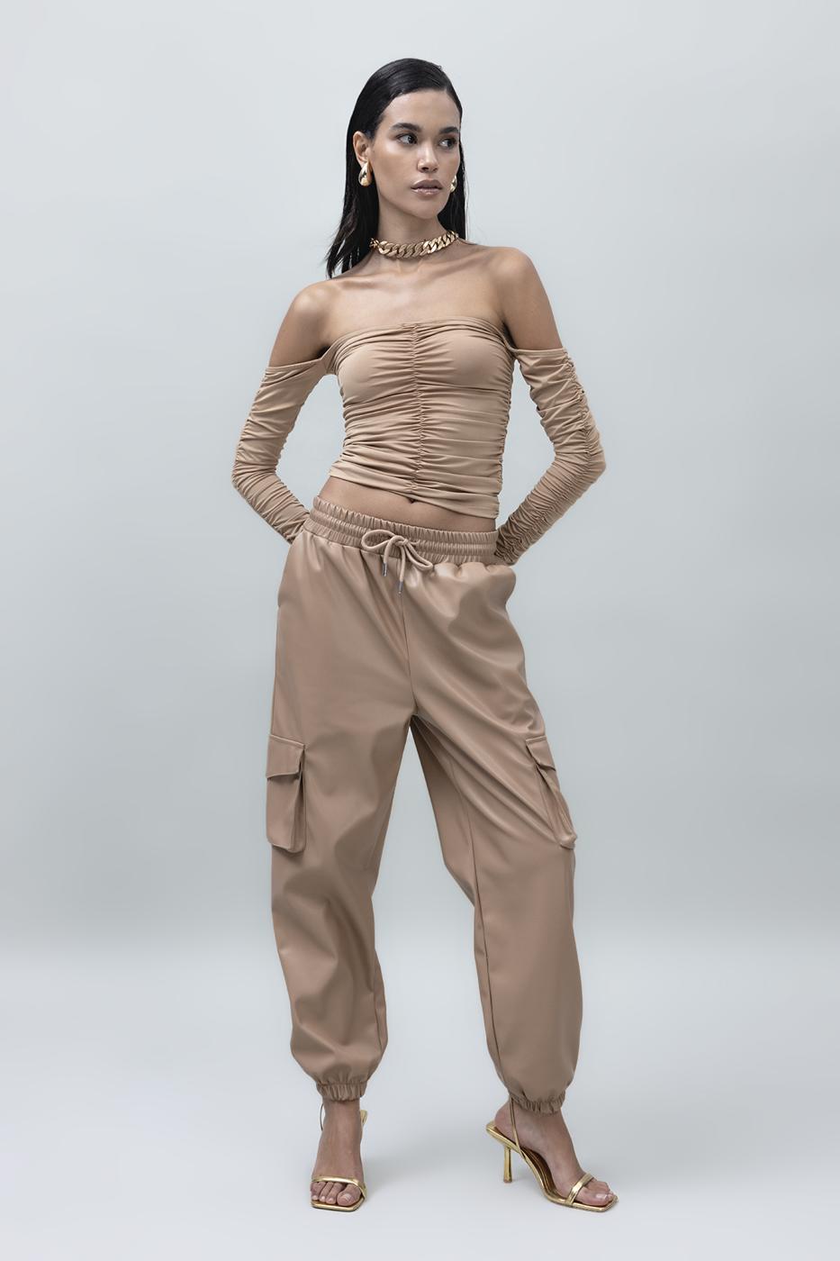 Faux Leather Cargo Jogging Pants Camel