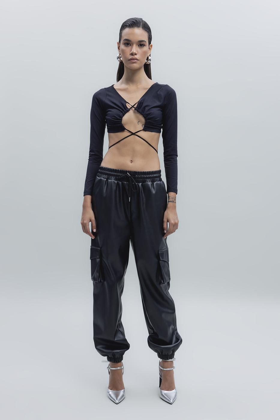 Faux Leather Cargo Jogging Pants Black