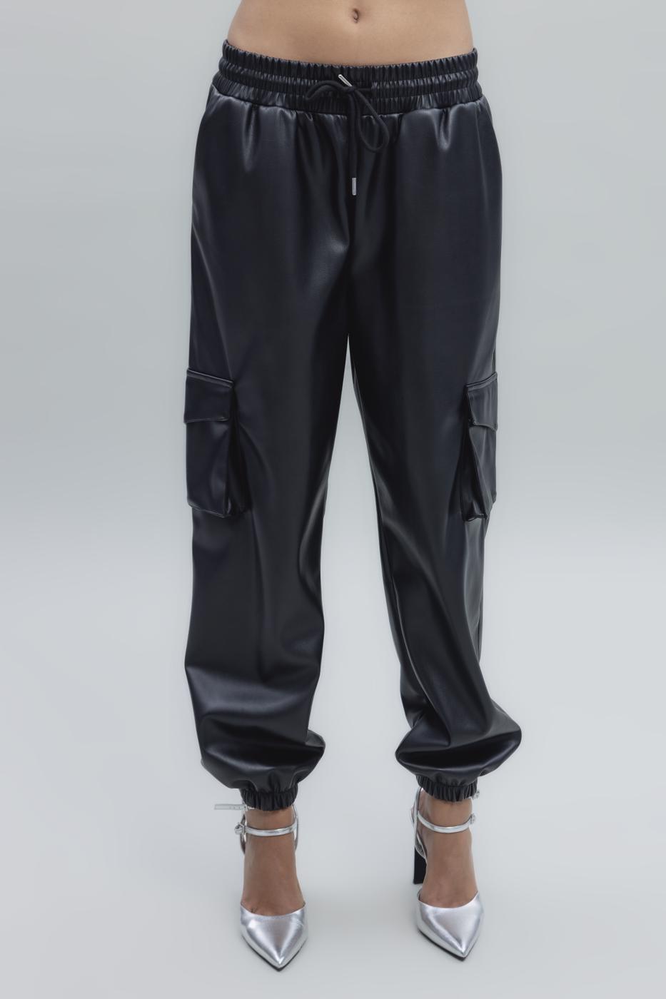 Faux Leather Cargo Jogging Pants Black