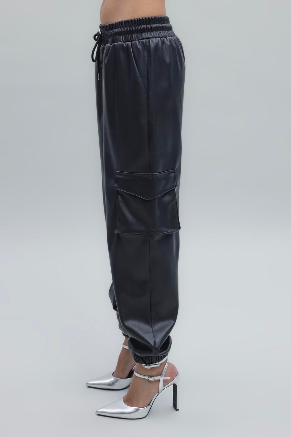 Faux Leather Cargo Jogging Pants Black