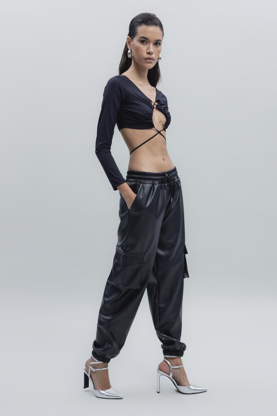 Faux Leather Cargo Jogging Pants Black