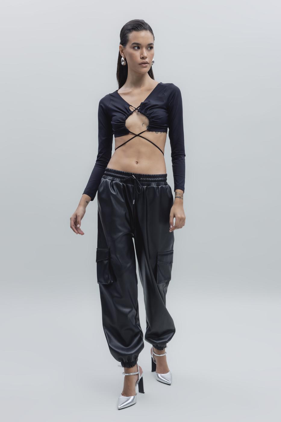 Faux Leather Cargo Jogging Pants Black