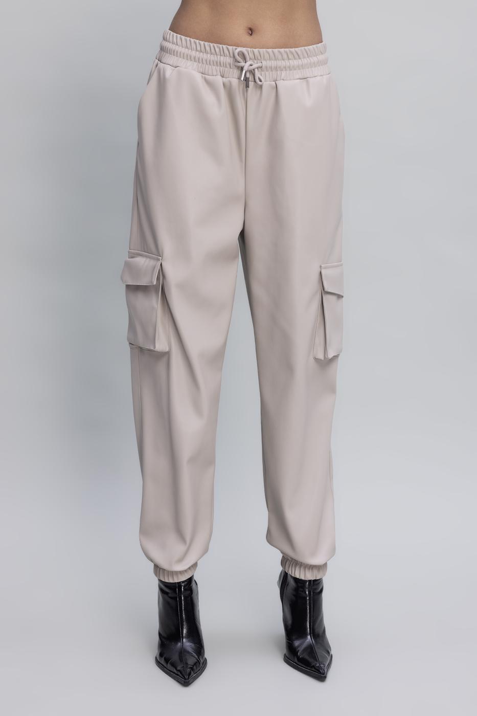 Faux Leather Cargo Jogging Pants Stone
