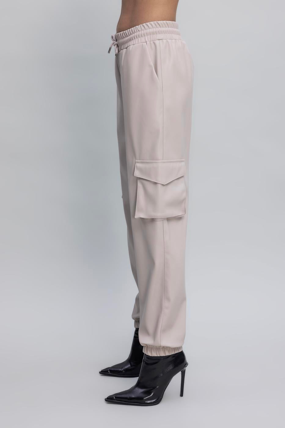 Faux Leather Cargo Jogging Pants Stone