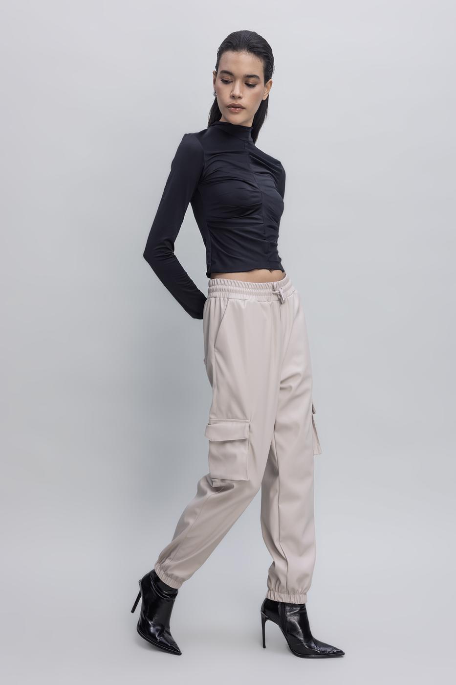 Faux Leather Cargo Jogging Pants Stone