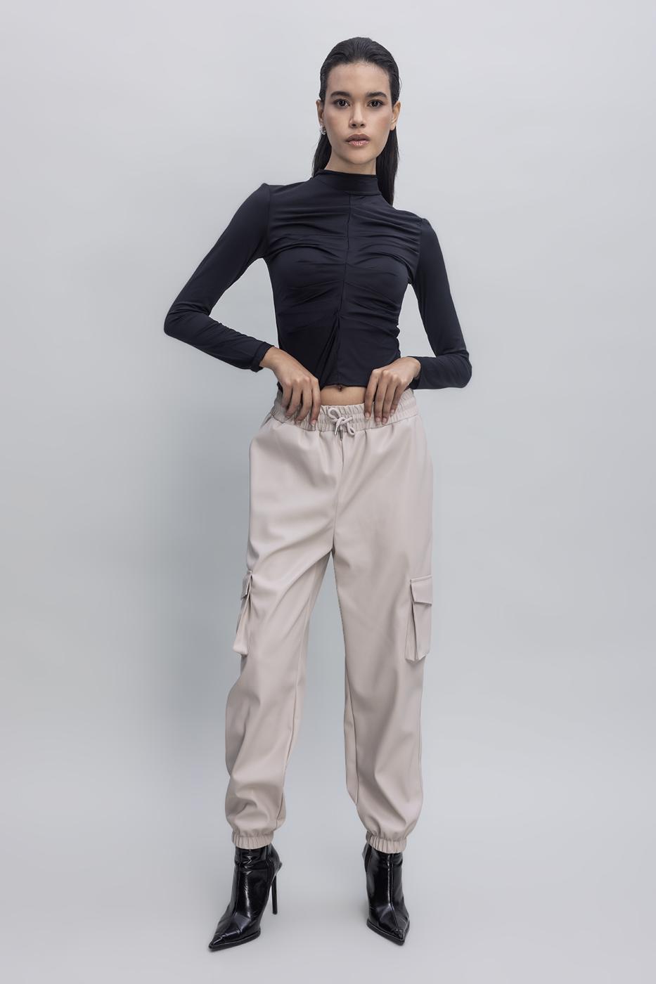 Faux Leather Cargo Jogging Pants Stone