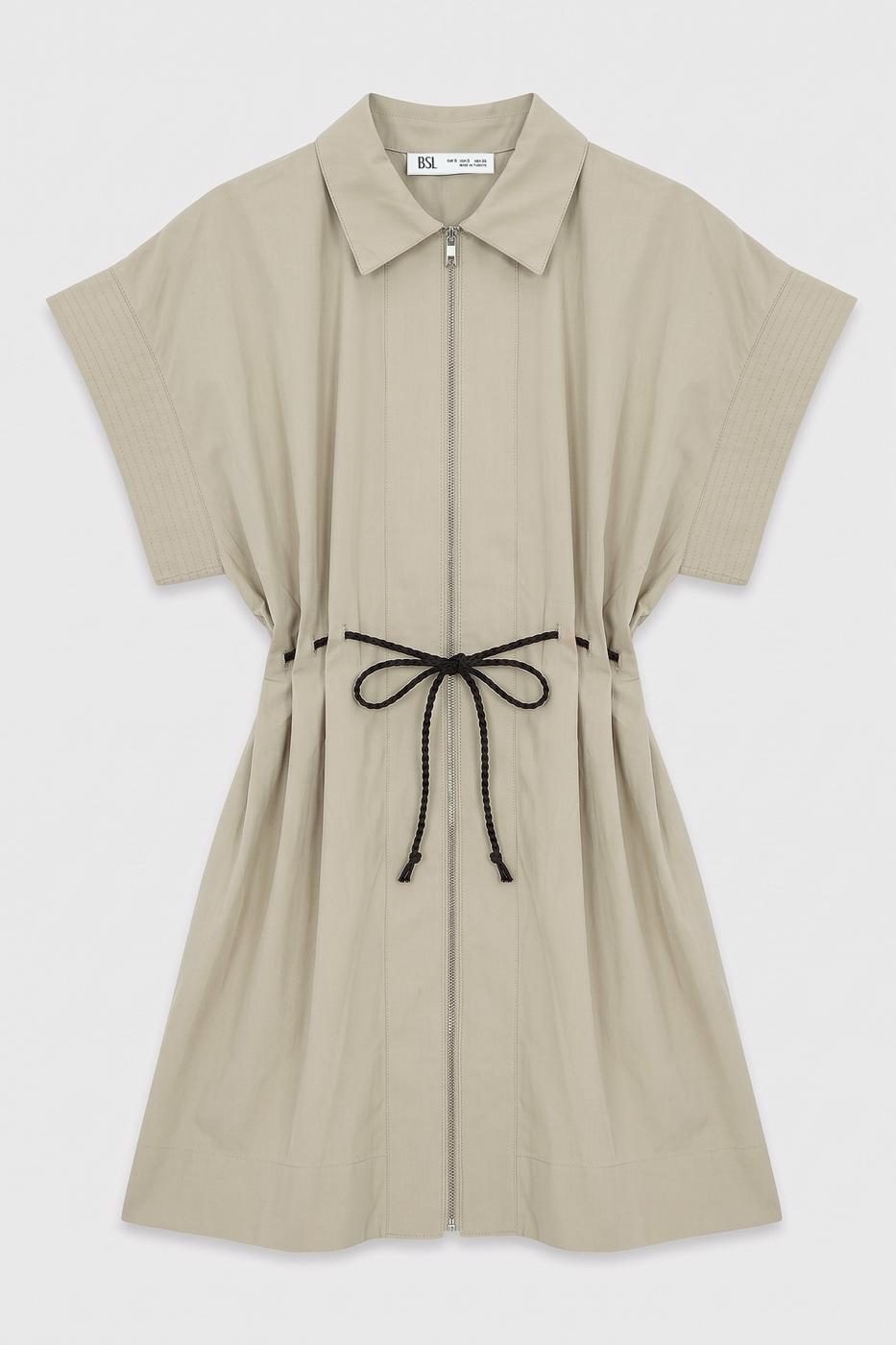 Zip-up Shirt Mini Dress Olive