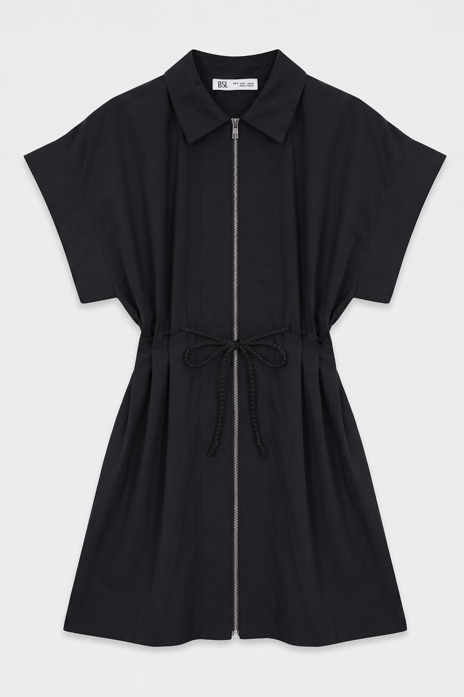 Zip-up Shirt Mini Dress Black
