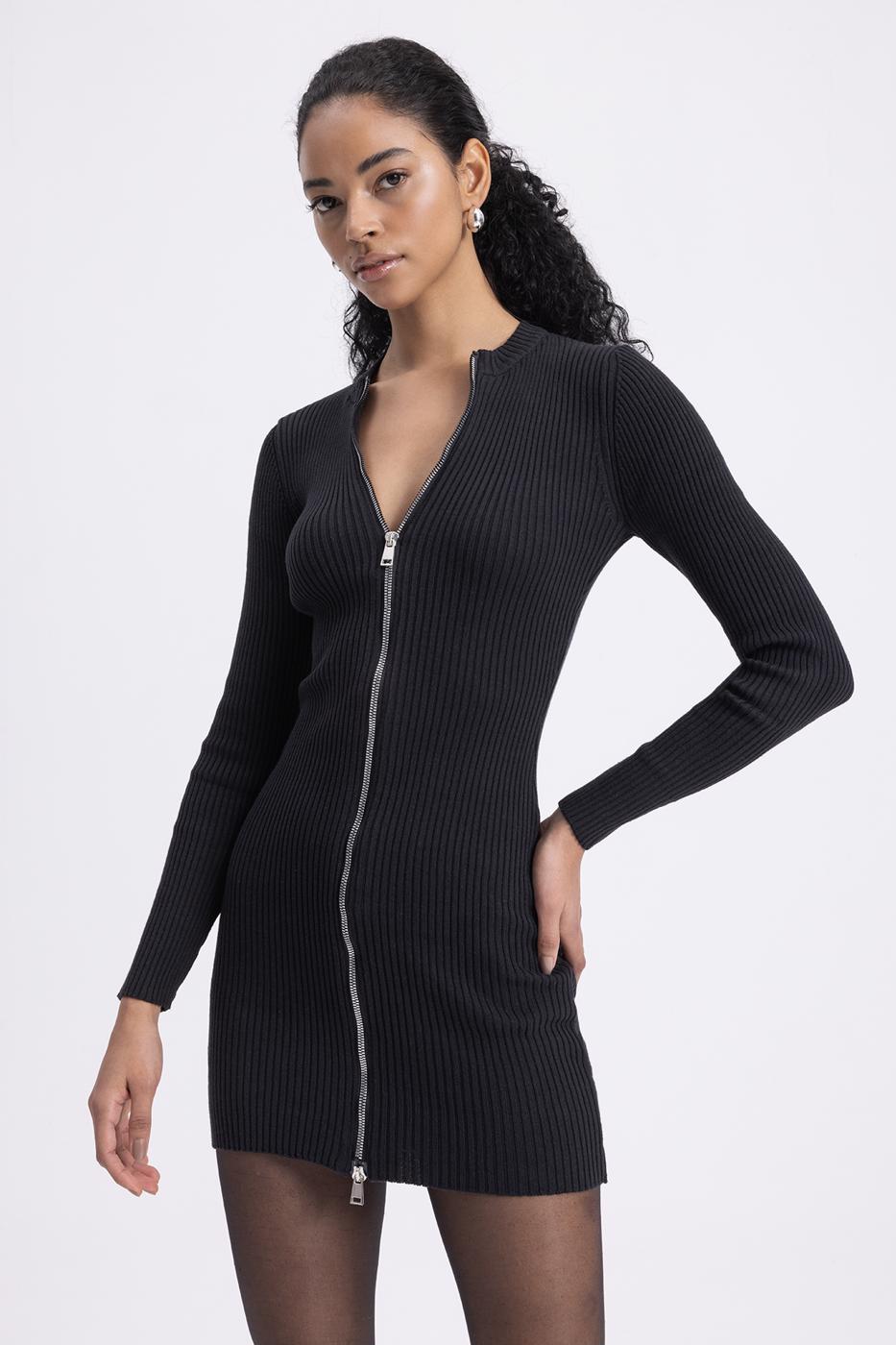 Zippered Knit Mini Pencil Dress Black