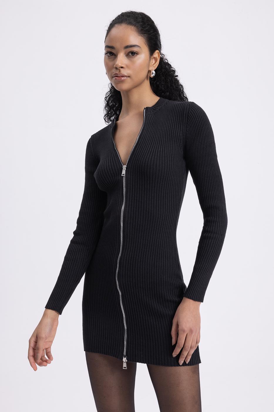 Zippered Knit Mini Pencil Dress Black