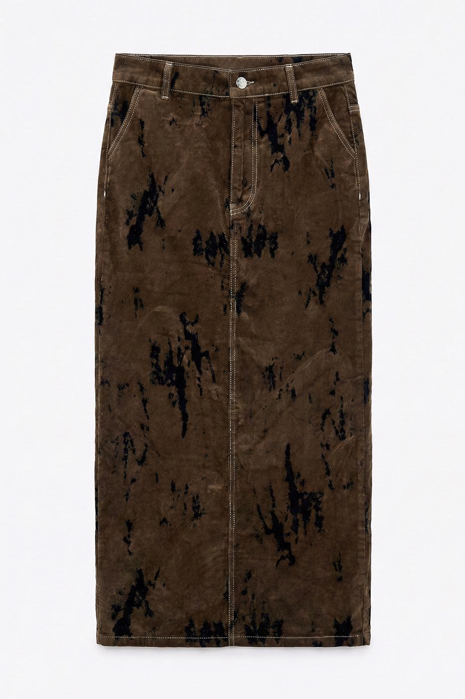 Flock Print Midi Pencil Skirt Brown