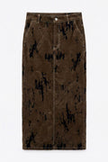 Flock Print Midi Pencil Skirt Brown