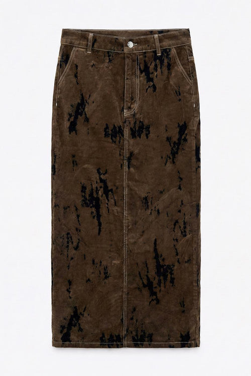 Flock Print Midi Pencil Skirt Brown