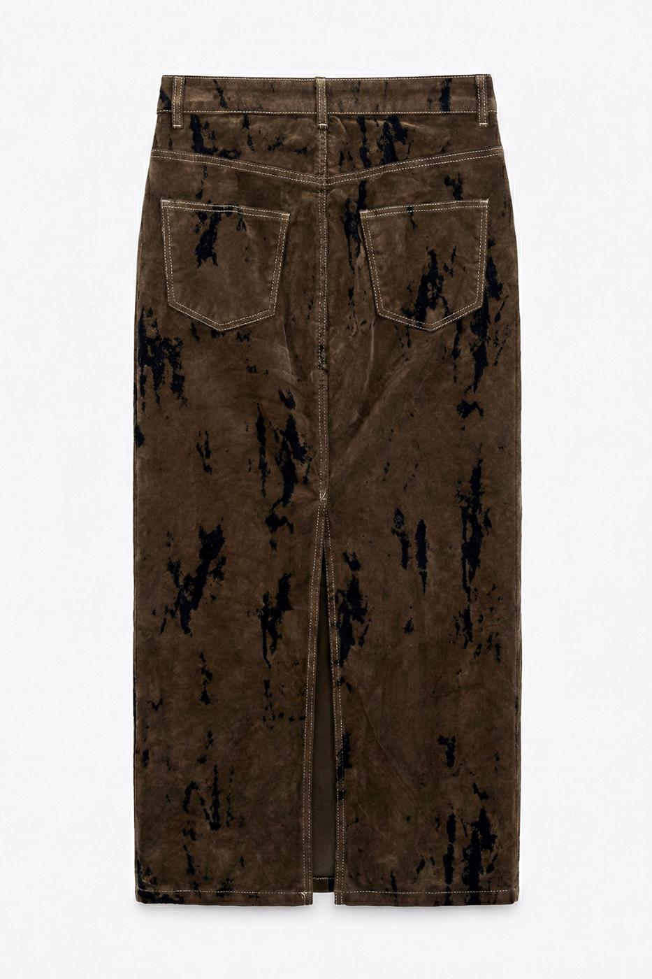 Flock Print Midi Pencil Skirt Brown
