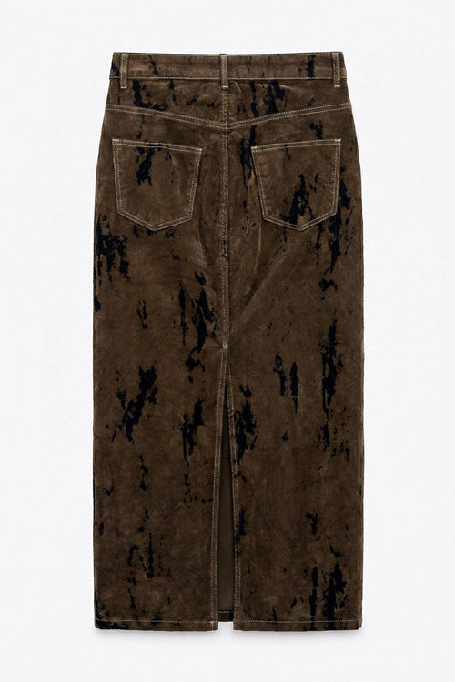 Flock Print Midi Pencil Skirt Brown