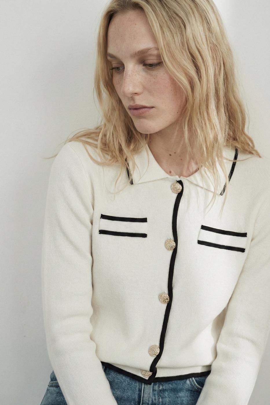 Polo Collar Cardigan with Gold Buttons Ecru