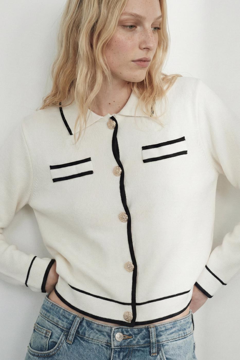 Polo Collar Cardigan with Gold Buttons Ecru
