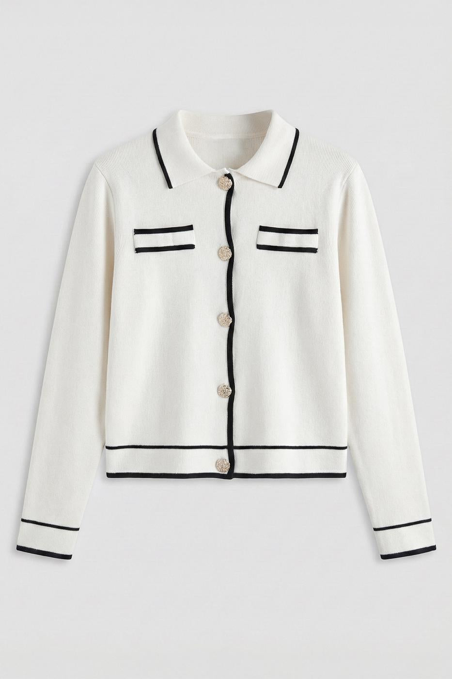 Polo Collar Cardigan with Gold Buttons Ecru
