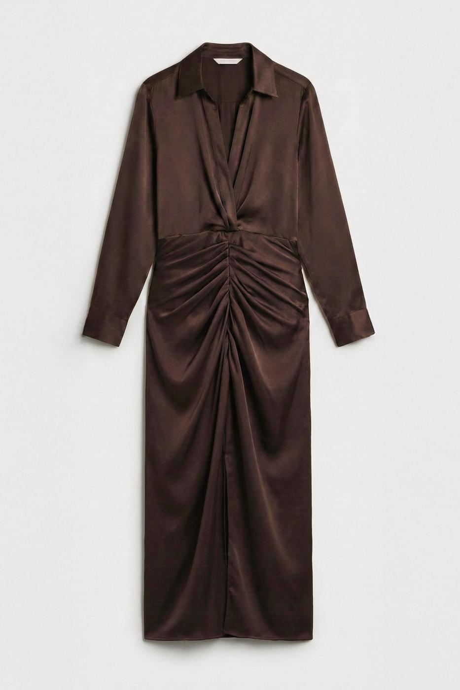 Shirt Collar Draped Satin Dress Brown