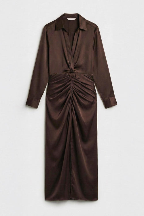 Shirt Collar Draped Satin Dress Brown