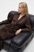 Shirt Collar Draped Satin Dress Brown