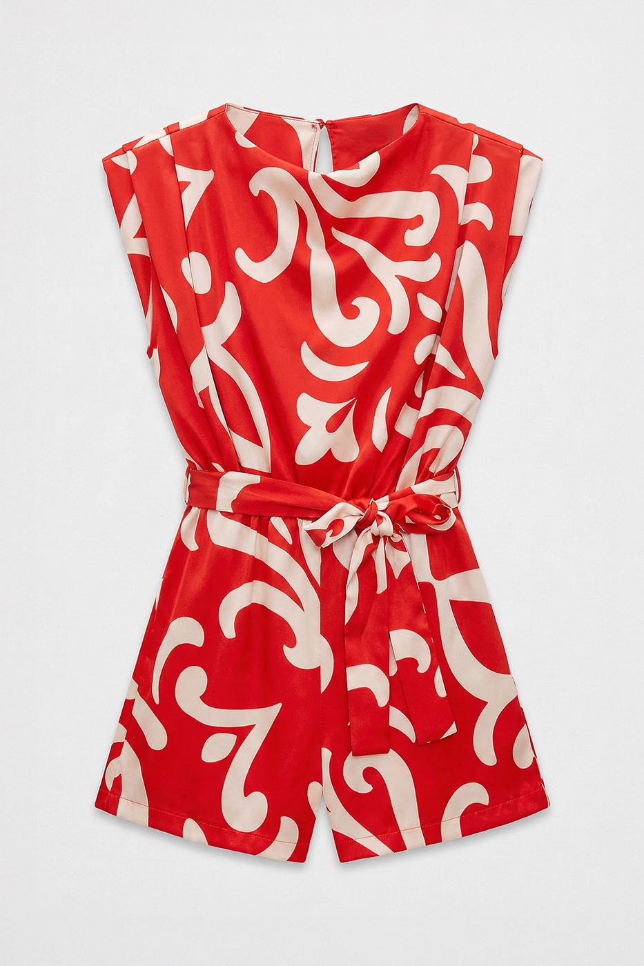 Satin Mini Jumpsuit with Light Cowl Neck Red