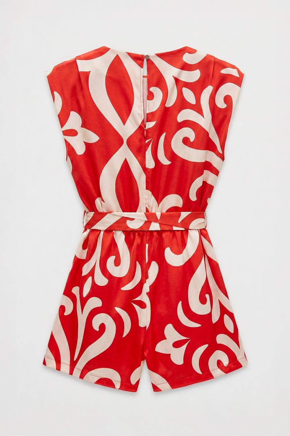 Satin Mini Jumpsuit with Light Cowl Neck Red