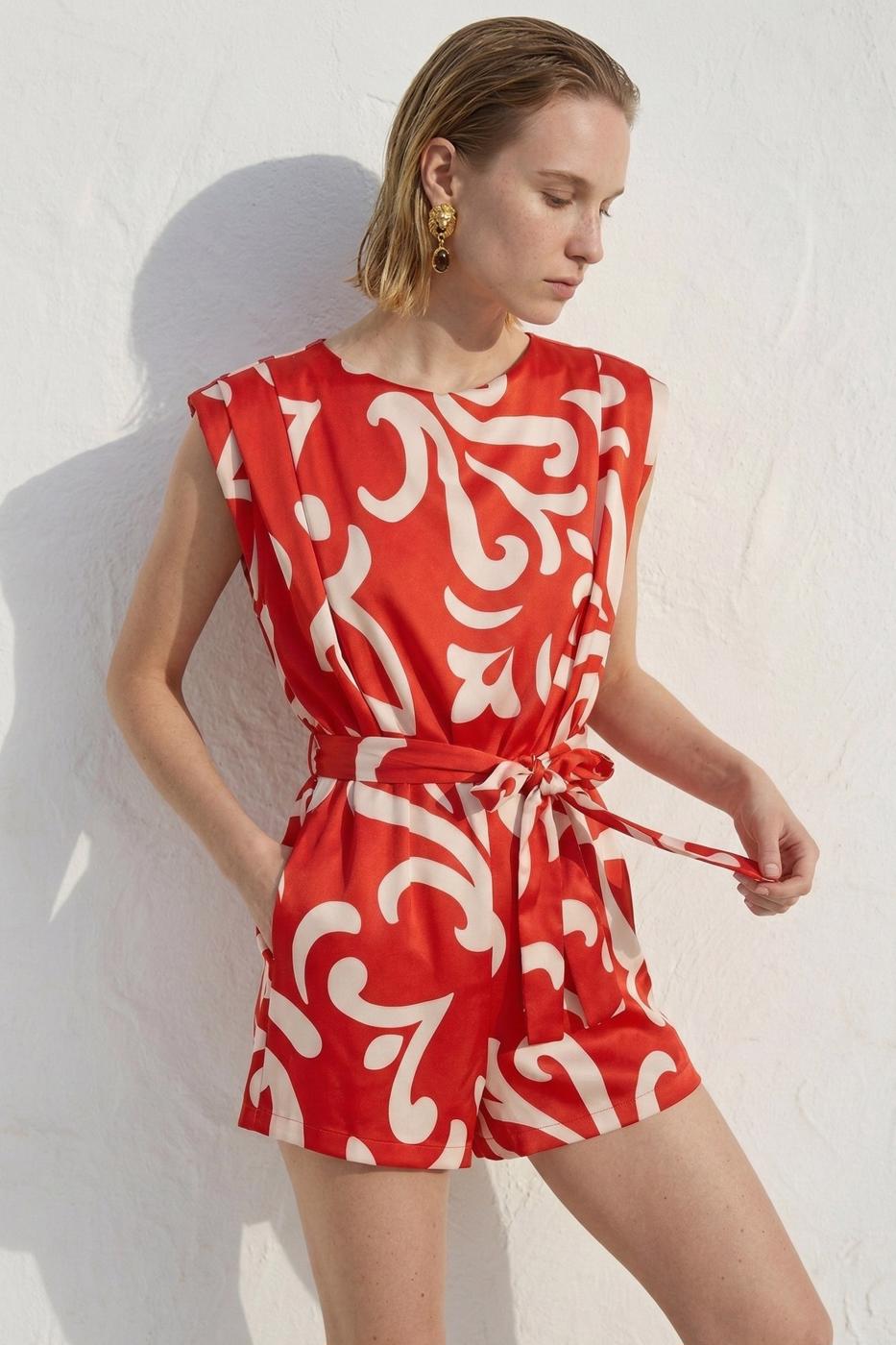 Satin Mini Jumpsuit with Light Cowl Neck Red