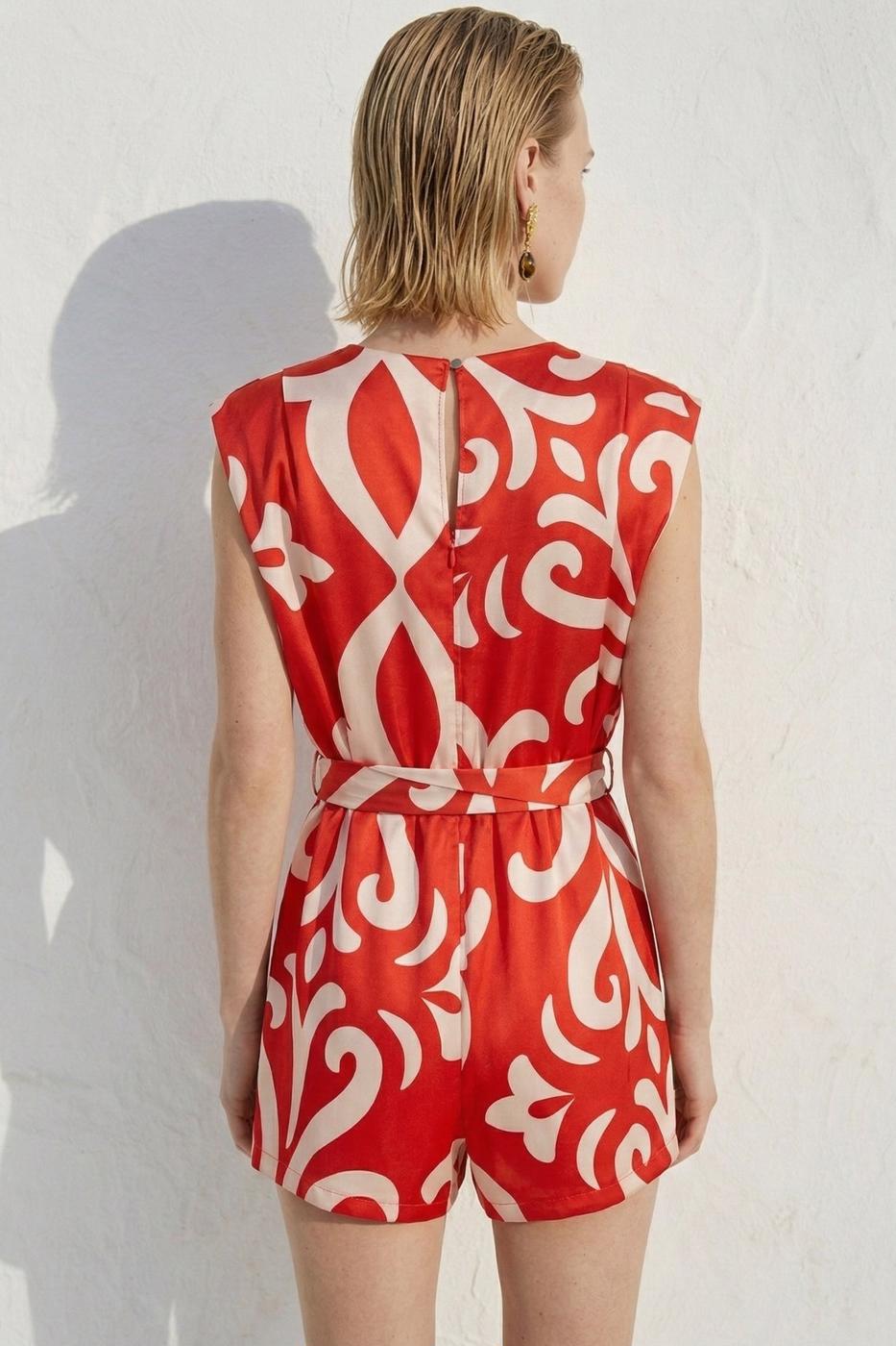 Satin Mini Jumpsuit with Light Cowl Neck Red