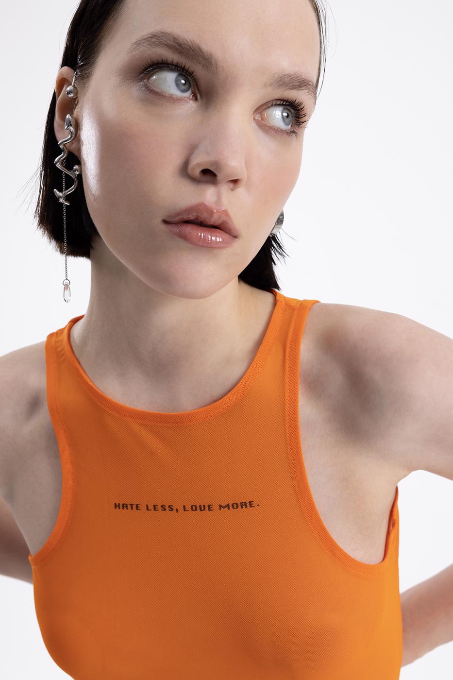 Halter yaka baskılı tül bluz