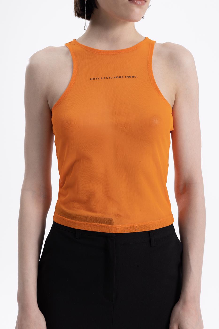 Halter yaka baskılı tül bluz