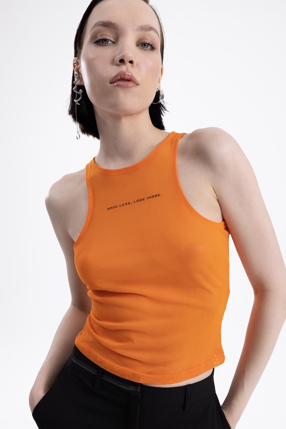 Halter yaka baskılı tül bluz