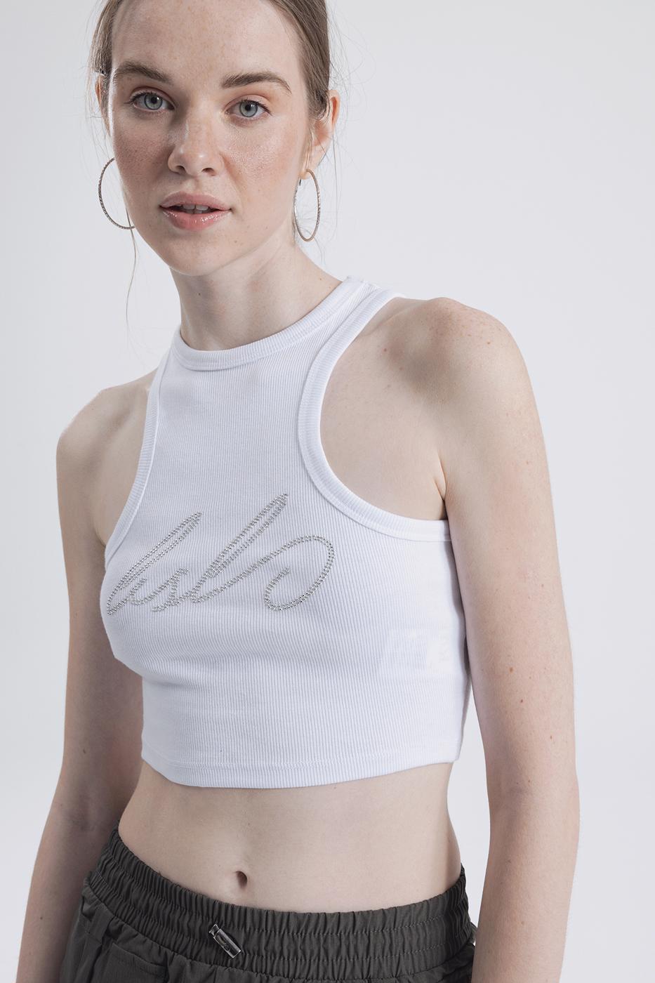 Halter Neck Rhinestone Printed Top White