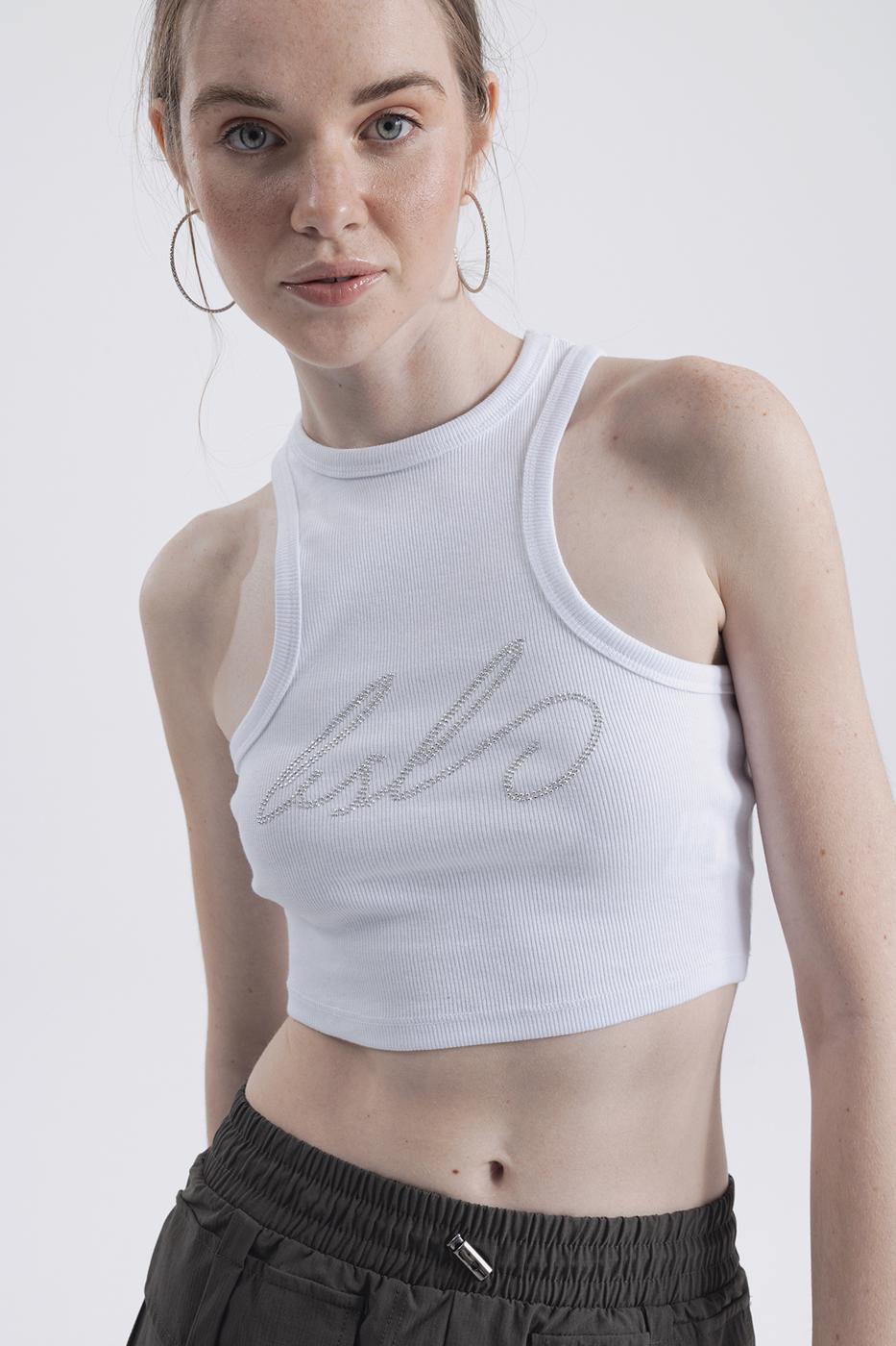 Halter Neck Rhinestone Printed Top White