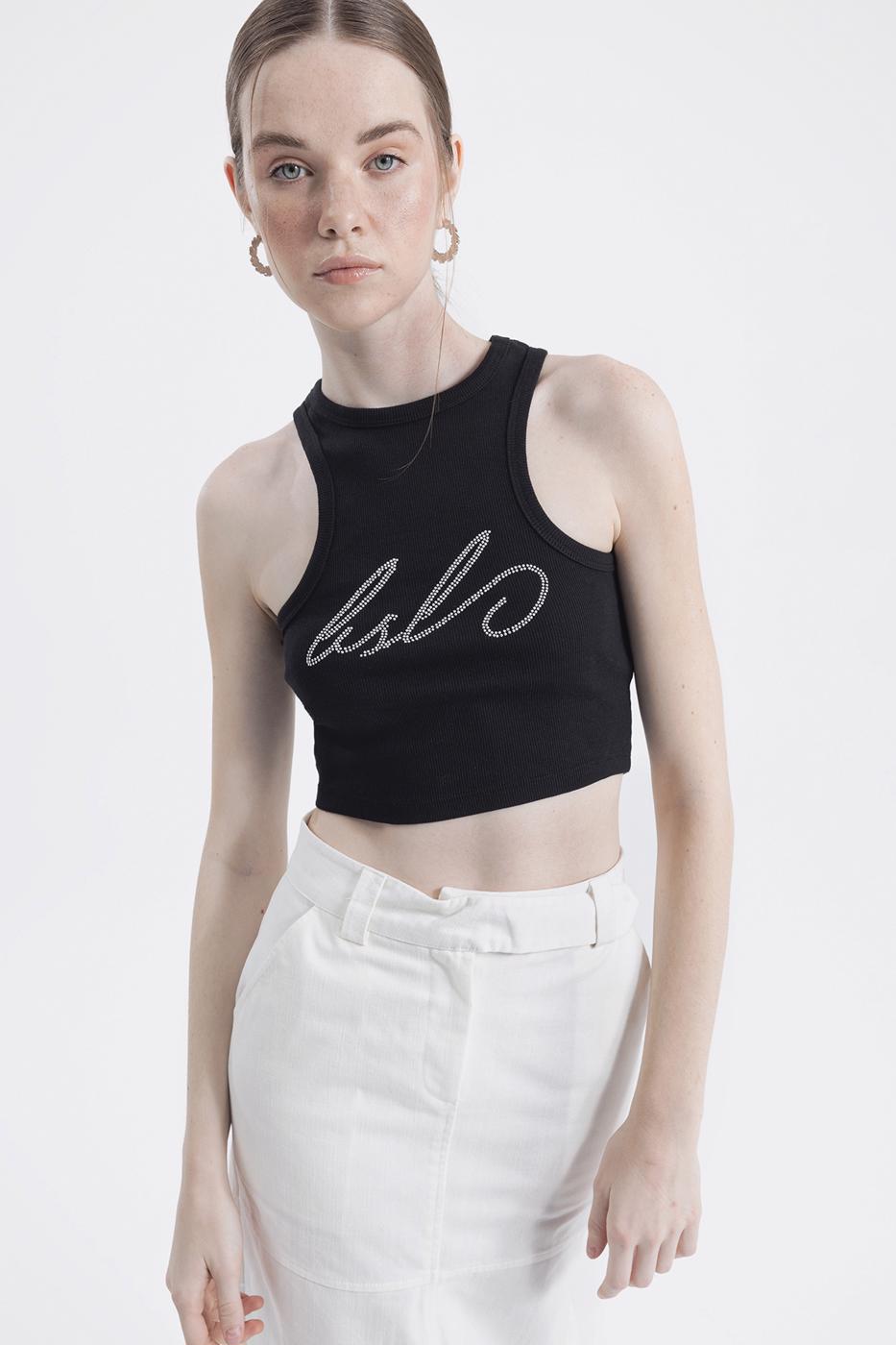 Halter Neck Rhinestone Printed Top Black