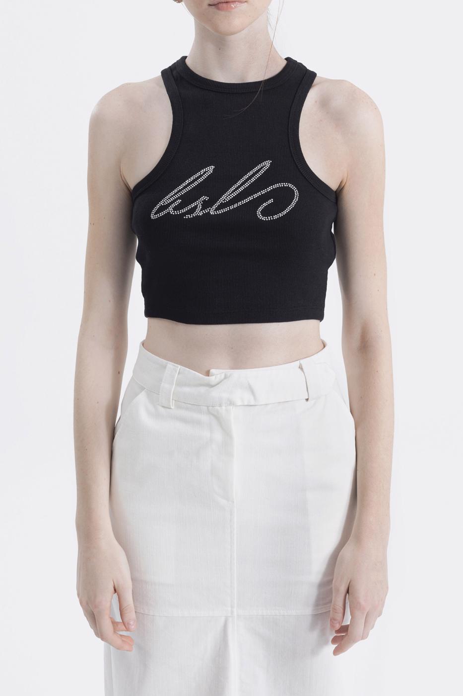 Halter Neck Rhinestone Printed Top Black