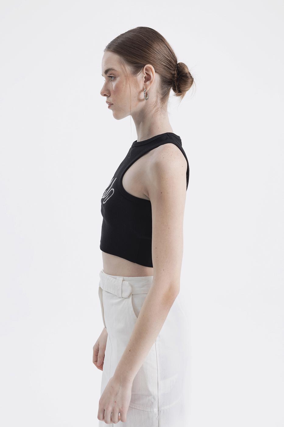 Halter Neck Rhinestone Printed Top Black