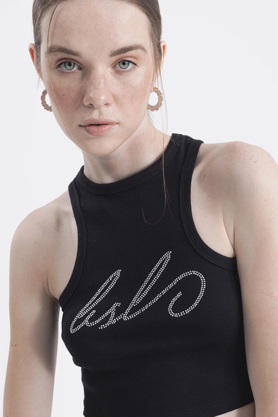 Halter Neck Rhinestone Printed Top Black