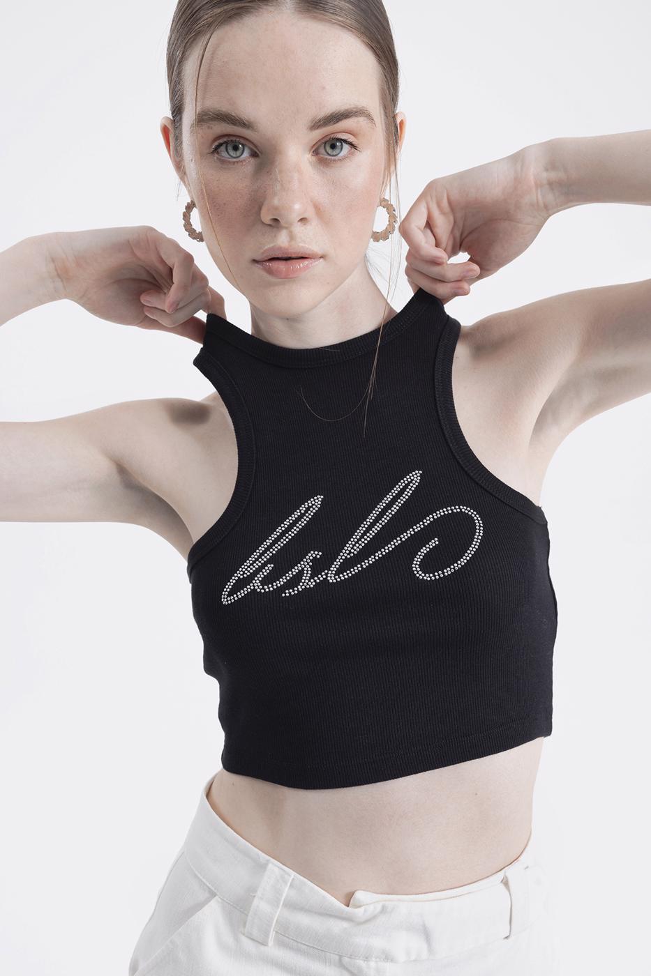 Halter Neck Rhinestone Printed Top Black