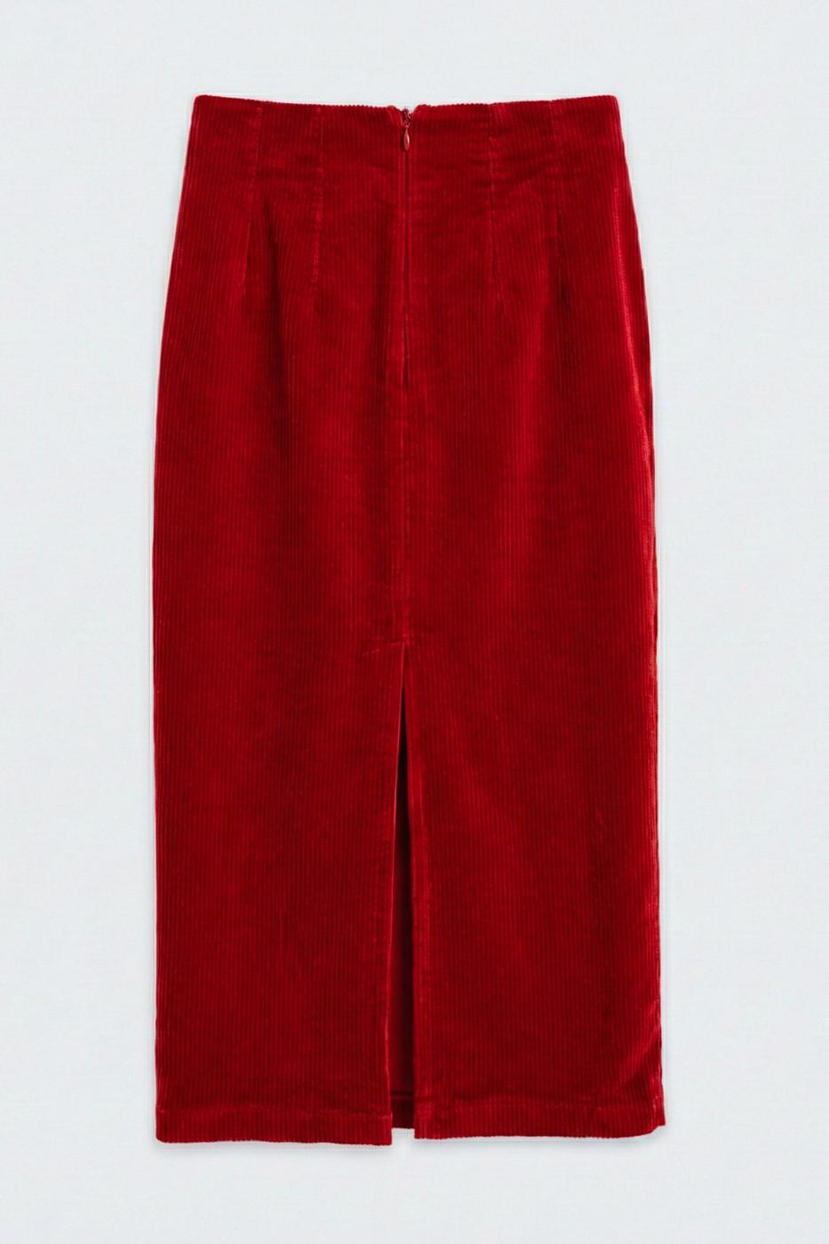 Velvet Midi Pencil Skirt Red