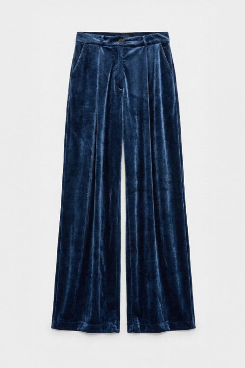 Wide-leg velvet pleated trousers Navy