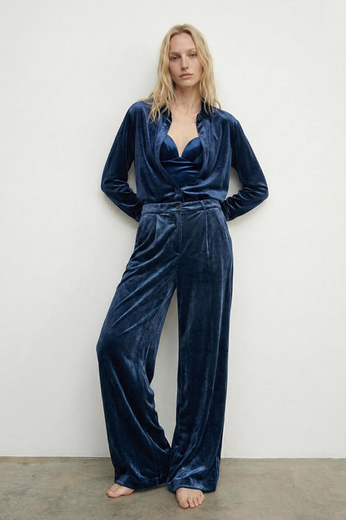 Wide-leg velvet pleated trousers Navy