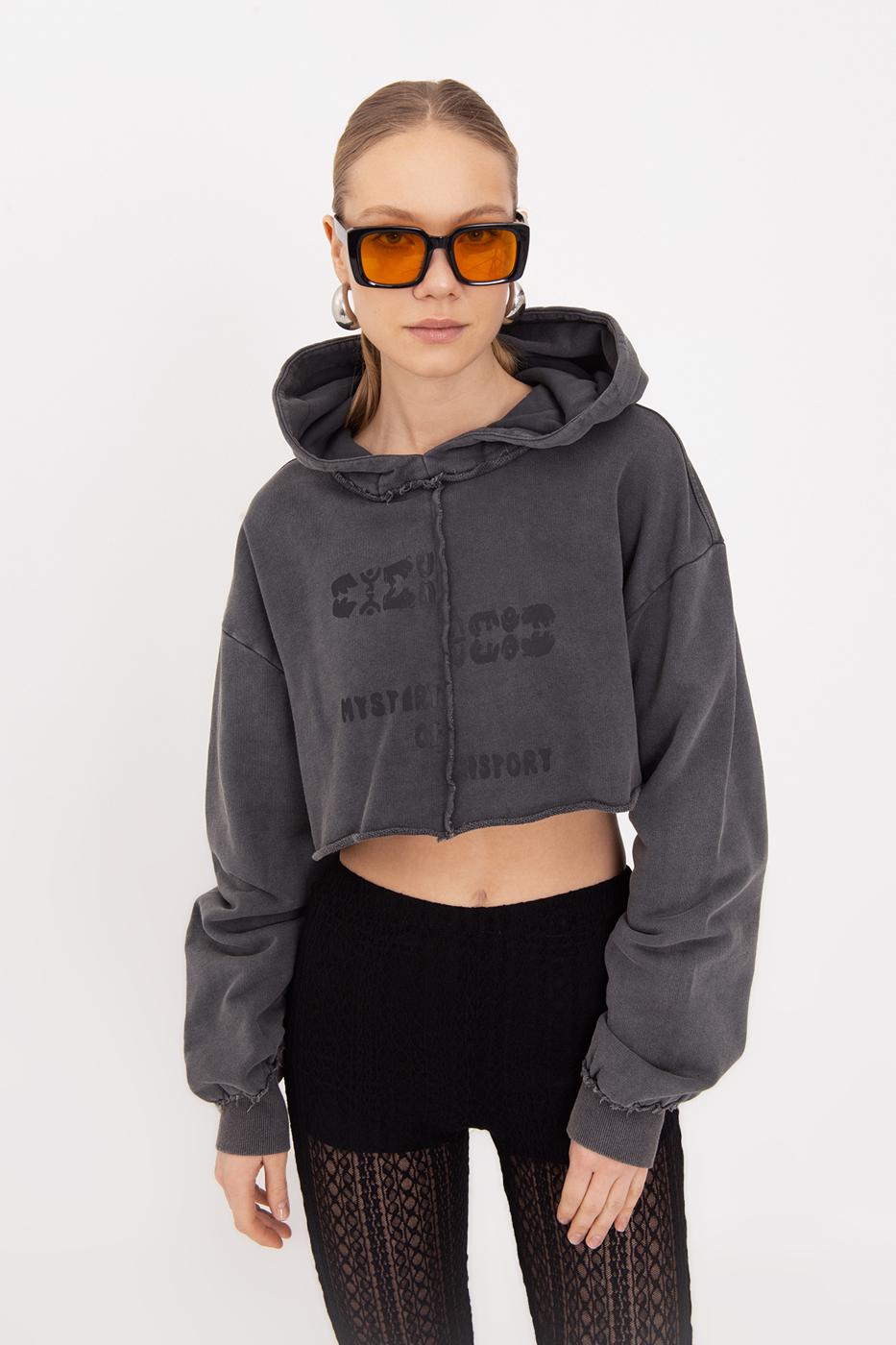 Hooded Printed Crop Sweatshirt Anthracite