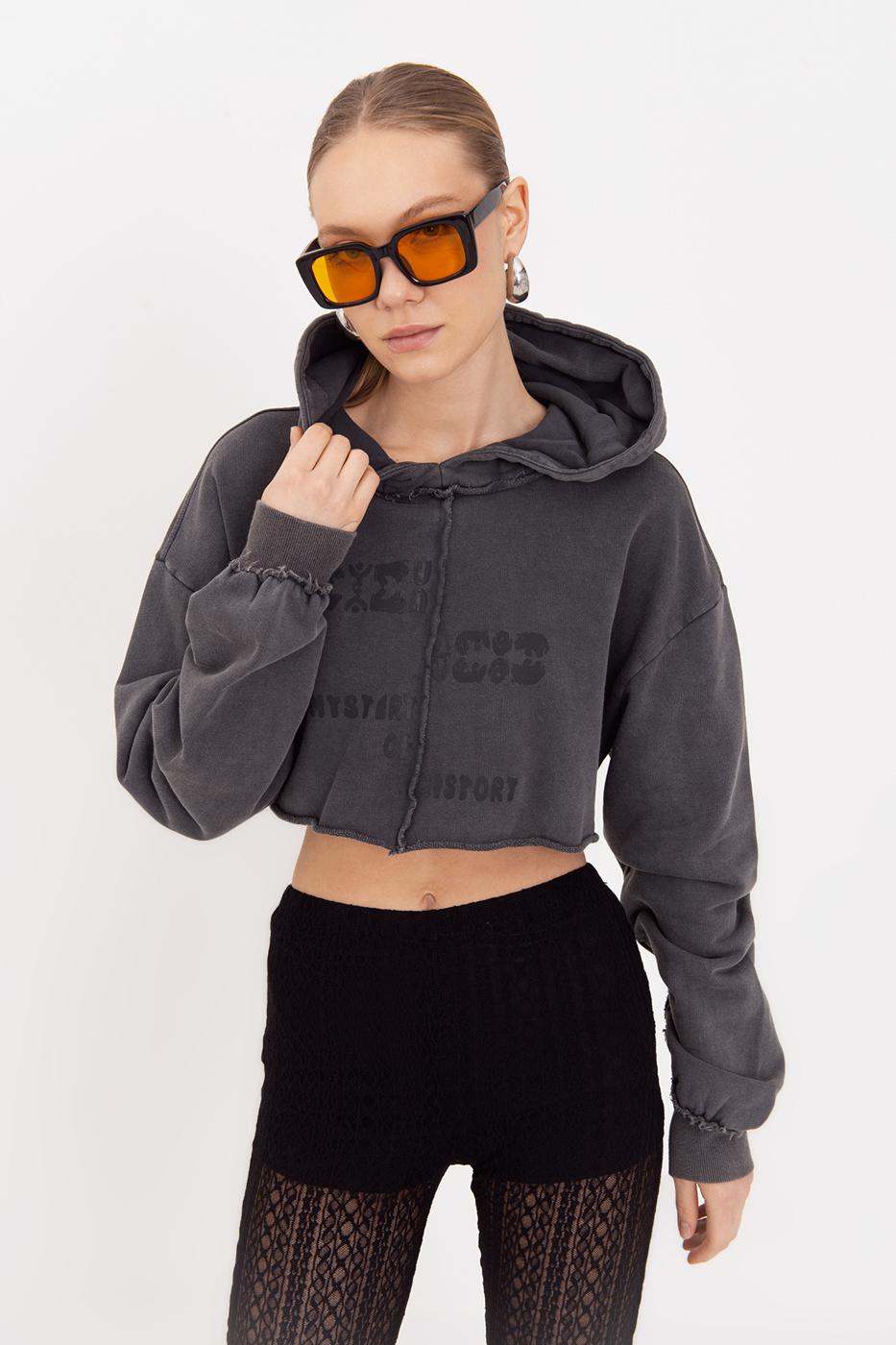 Hooded Printed Crop Sweatshirt Anthracite