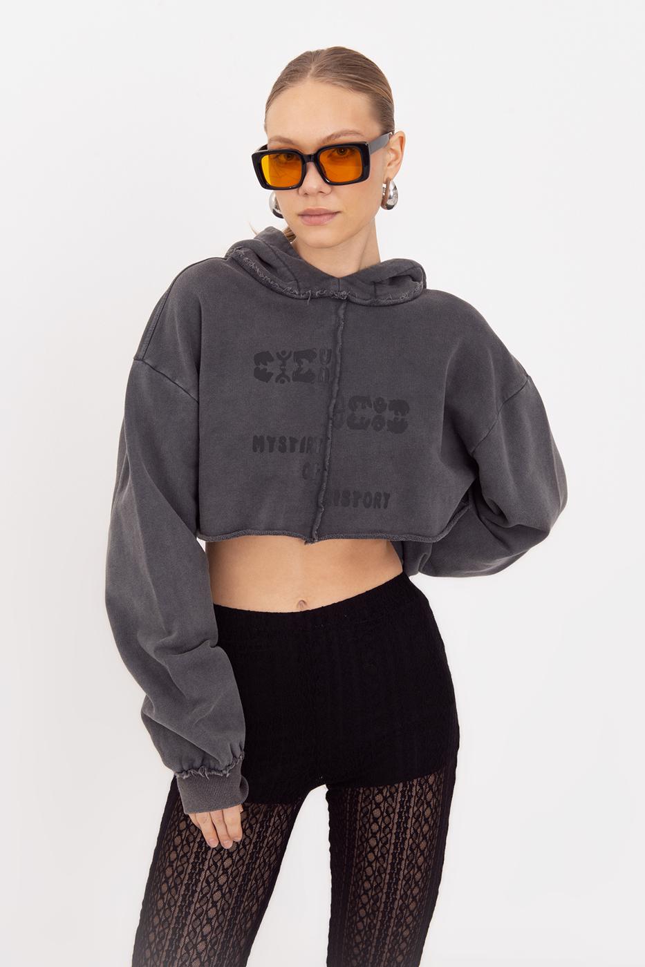 Hooded Printed Crop Sweatshirt Anthracite