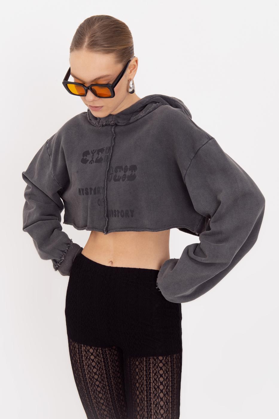 Hooded Printed Crop Sweatshirt Anthracite