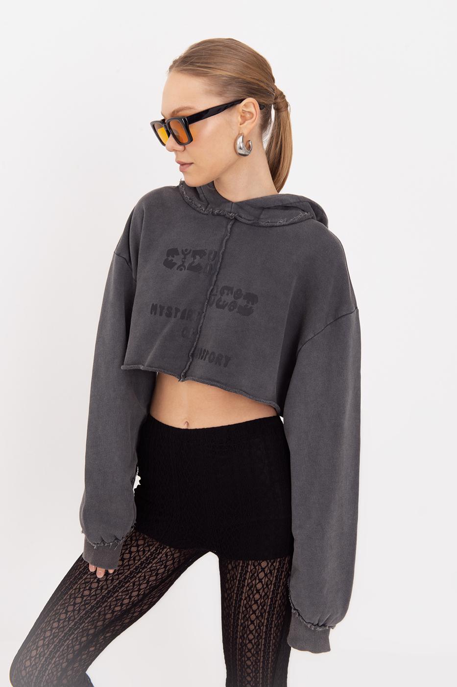 Hooded Printed Crop Sweatshirt Anthracite