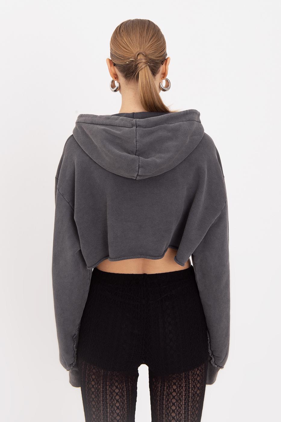 Hooded Printed Crop Sweatshirt Anthracite