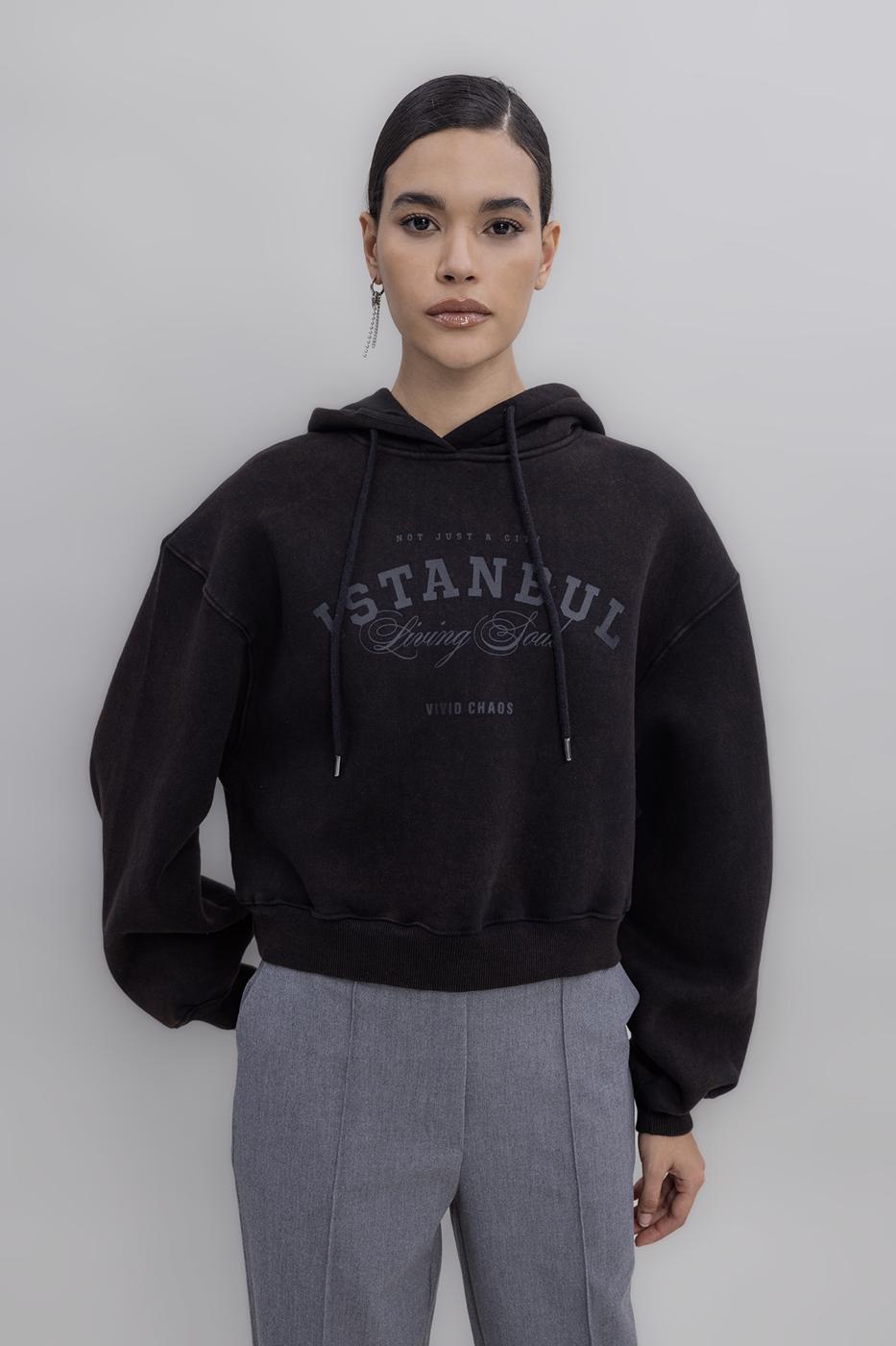 Hooded Print Detailed Fleece Sweatshirt Brown