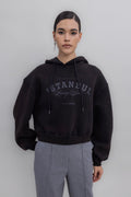 Hooded Print Detailed Fleece Sweatshirt Brown